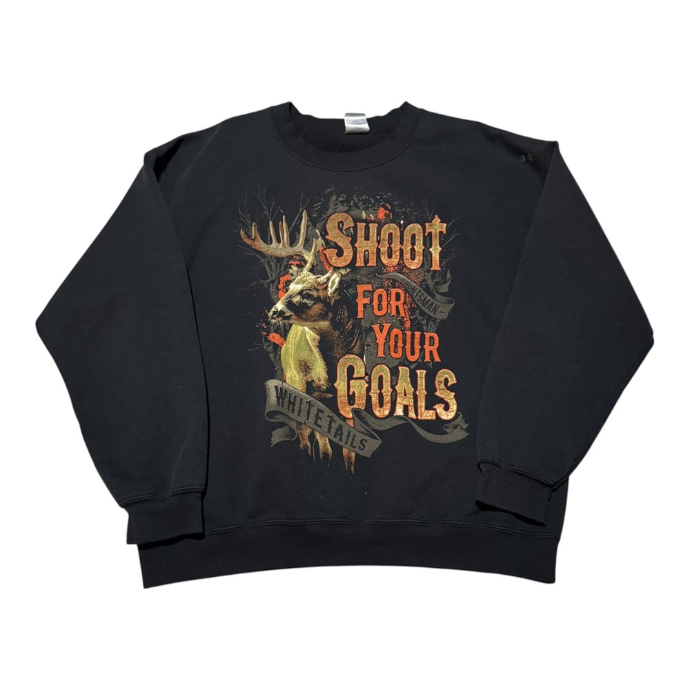2000s Gildan Shoot for Your Goals Whitetail Buck Hunting Sweatshirt Men's L FLAW
